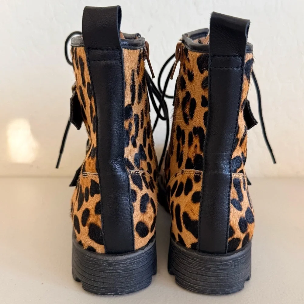NEW Candies Stanza Leopard Pony Hair Leather Buckle Straps Lug Sole Bootie Sz 7